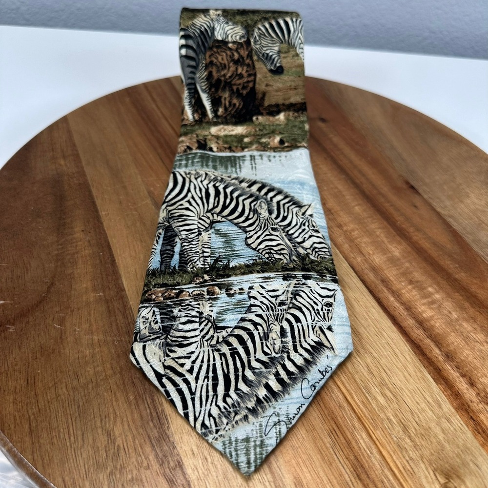 VTG 1995 Endangered Species Zebras Simon Combes Silk Blend Necktie 90s Safari